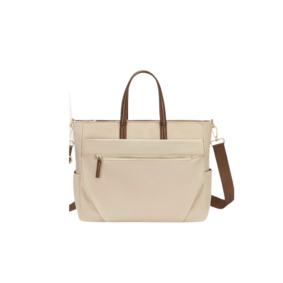 Beige ladies tote with brown trim PU and front zip pocket