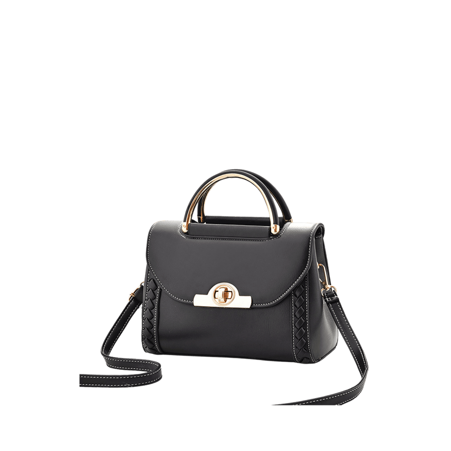 Black weave ladies handbag with metla handle and lock closure