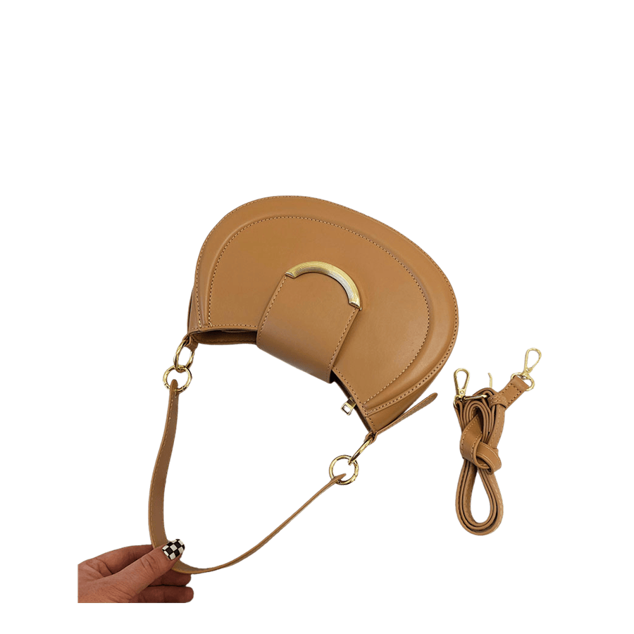 Camel ladies handbag with bombe on the front and magnetic snap closure