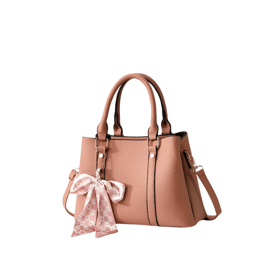 Camel pebble PU ladies handbag with decorative bowknot and contrast edge painting