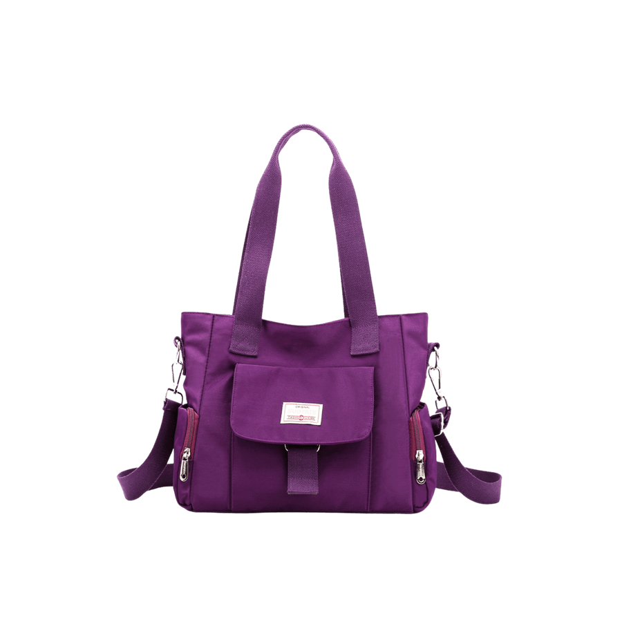 Purple canvas ladies tote with side zipper pocket and front open pocket