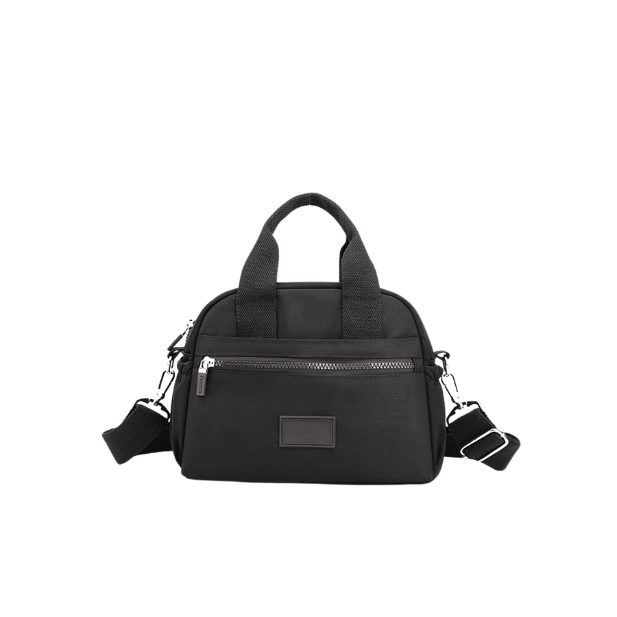 Black handbag with plastic zip pocket and PU patch