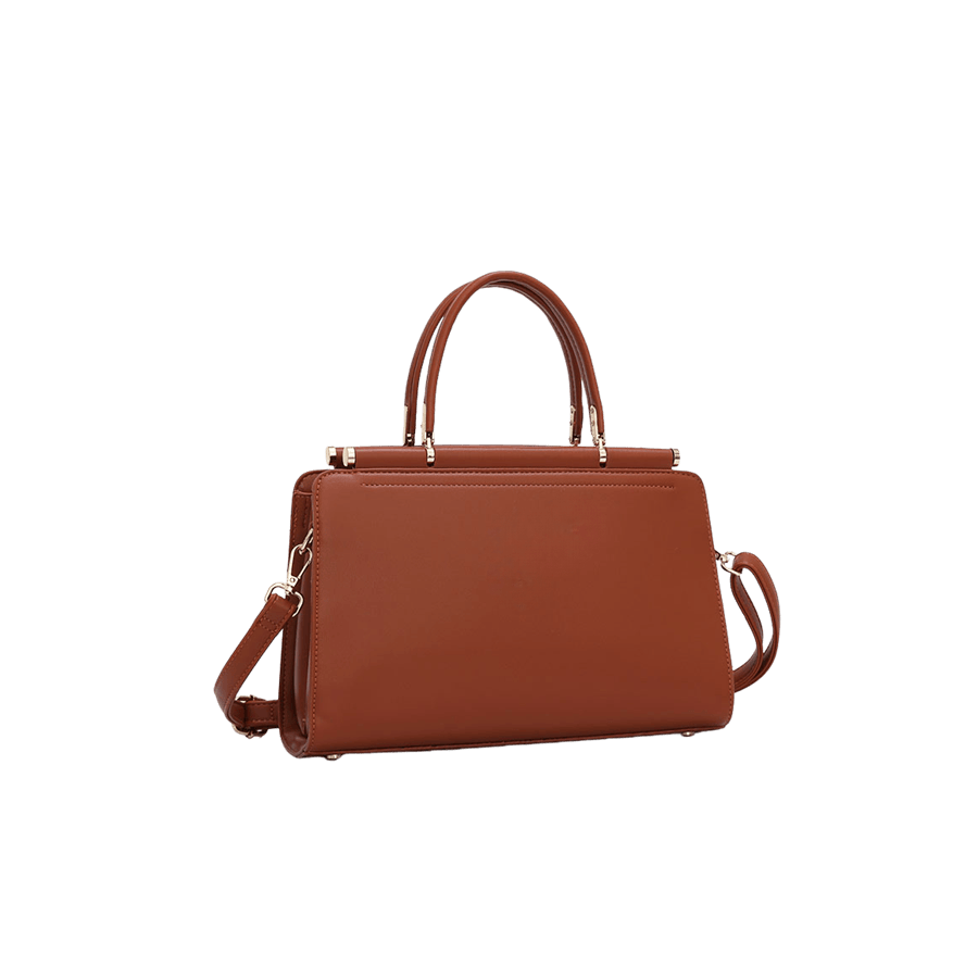 Brown ladies handbag with metal bar and feets