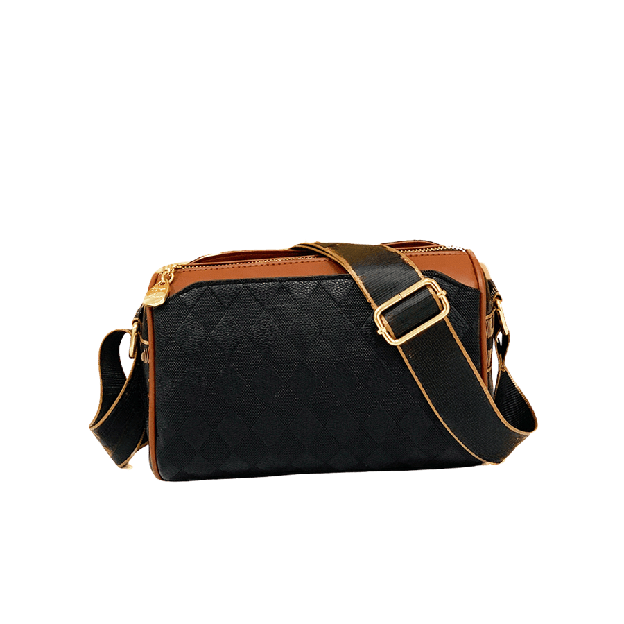 Black embossed crossbody bag with brown trim PU and webbing shoulder strap