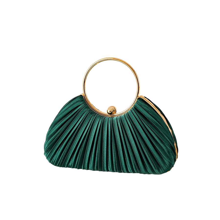 Green metal frame ladies clutch bag with frame closure and pleats on the body