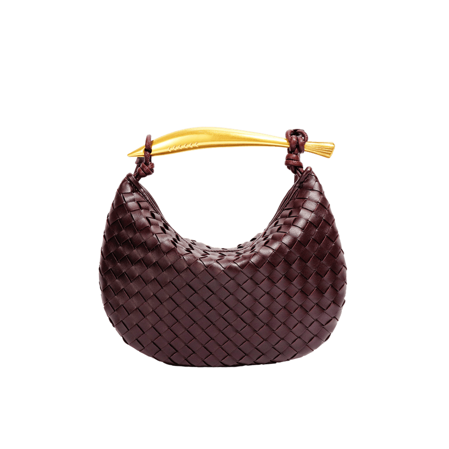 Brown weave ladies handbag with metal handle