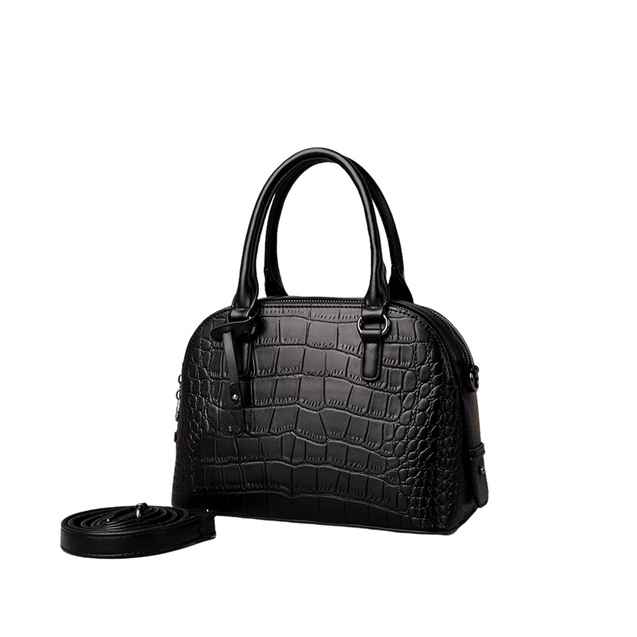 Black croco PU ladies handbag with detachable PU hangtag and decorative straps on the side