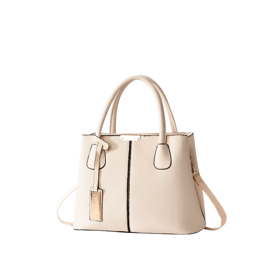 Beige splicing PU ladies handbag with detachable hangtag and metal edge on the top