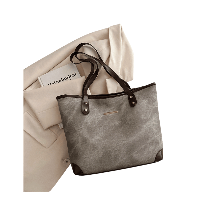 Grey ladies tote bag with brown trim PU and decorative studs