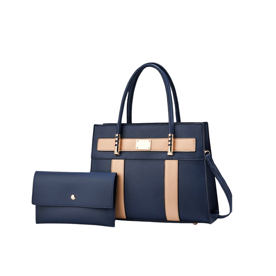 Black ladies handbag sets with camel  trim PU and metal plate
