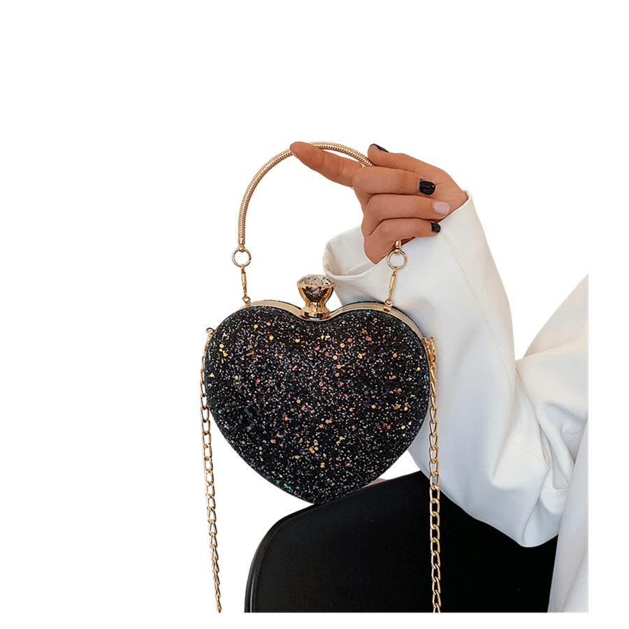 Black metallic heart-shaped ladies clutch bag with metal handle and frame closure