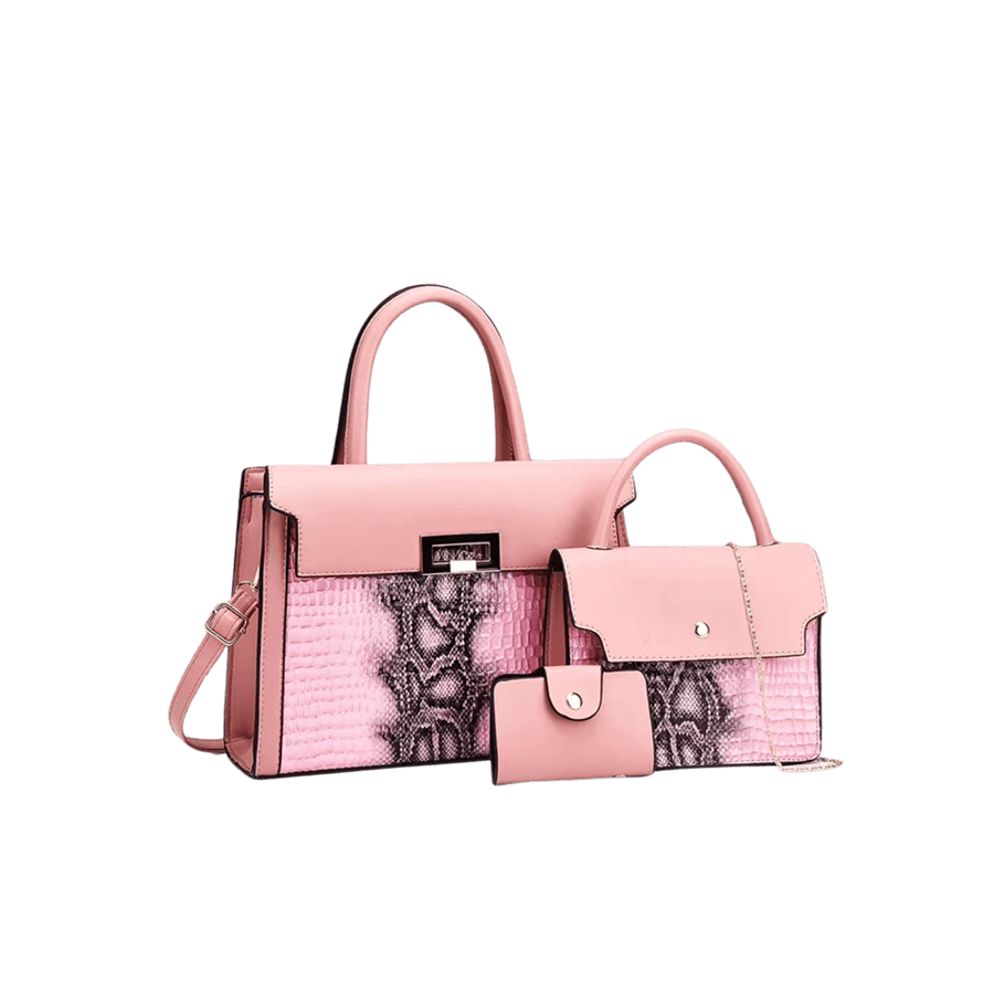 Pink ladies handbag sets with square enemal hardware on the flap and contrast edge painting