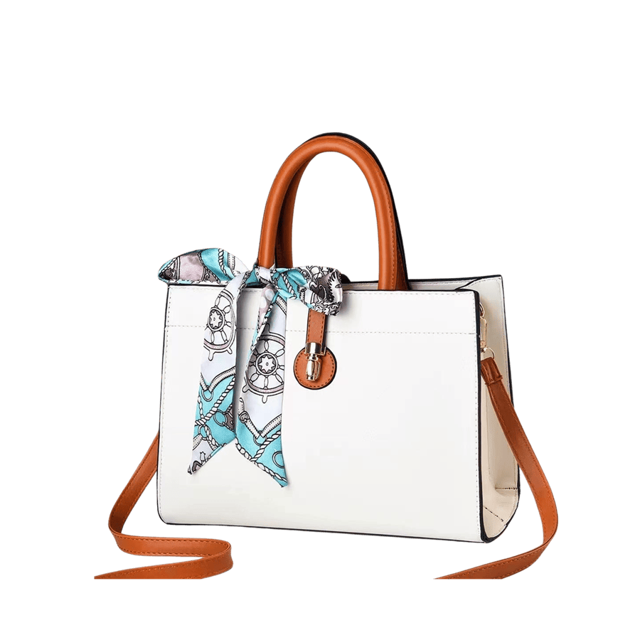 White ladies tote bag with decortive scarf and lock closure