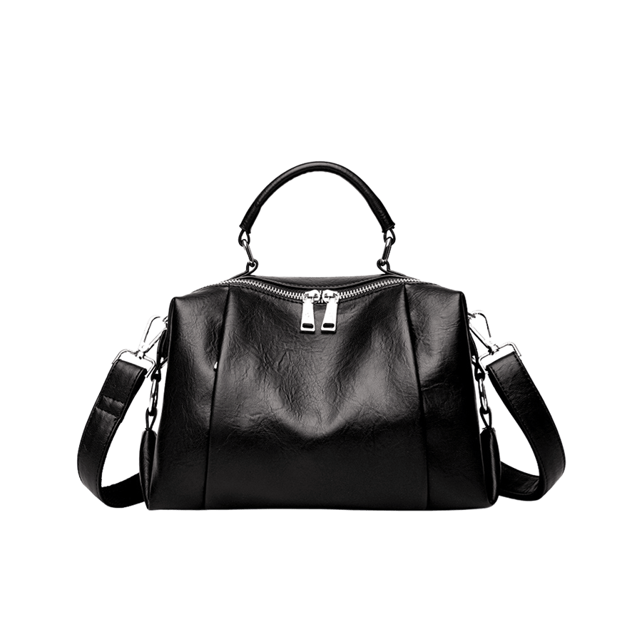 Black ladies duffel bag with front zip pockets and double zip puller