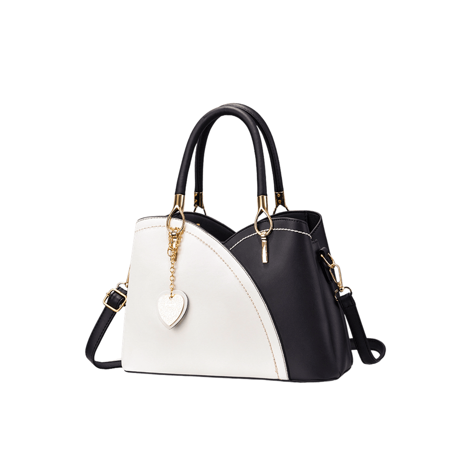 Splicing PU ladies handbag with metal tab of handle and detachable heart-shaped hangtag