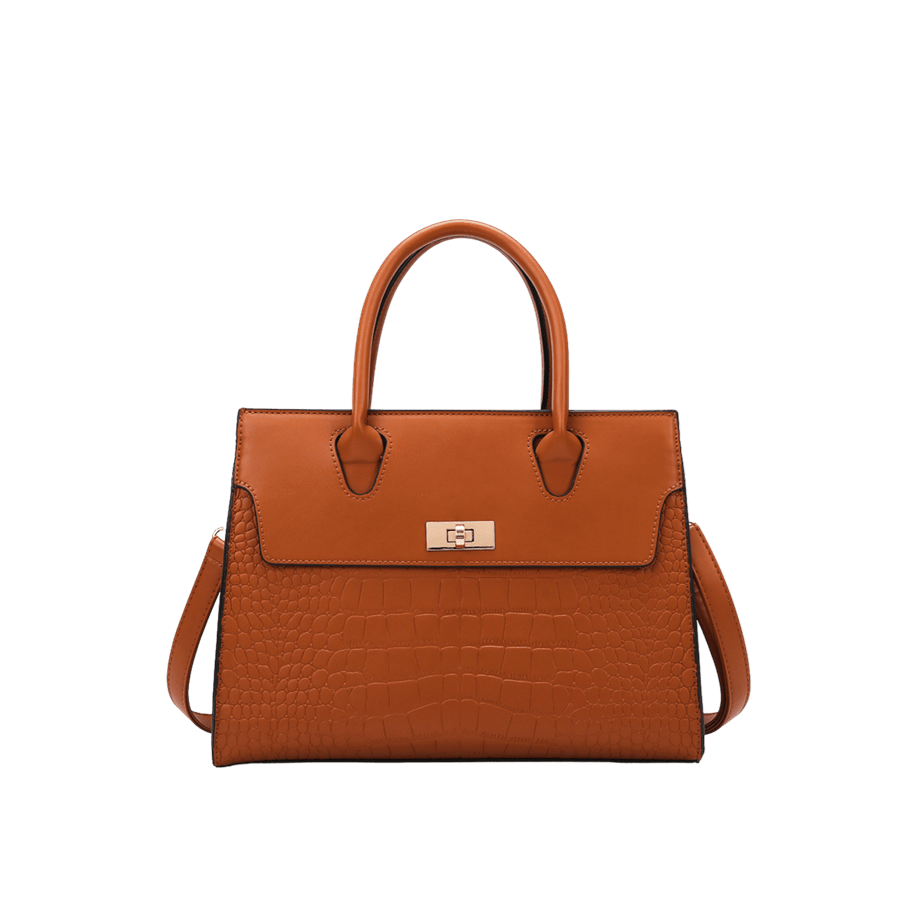 Orange croco PU ladies tote bag with lock closure and contrast edge painting