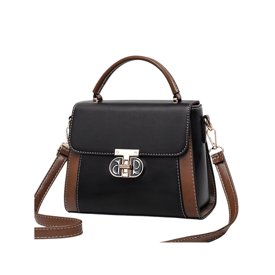 Black ladies handbag with brown trim PU and enemal lock closure