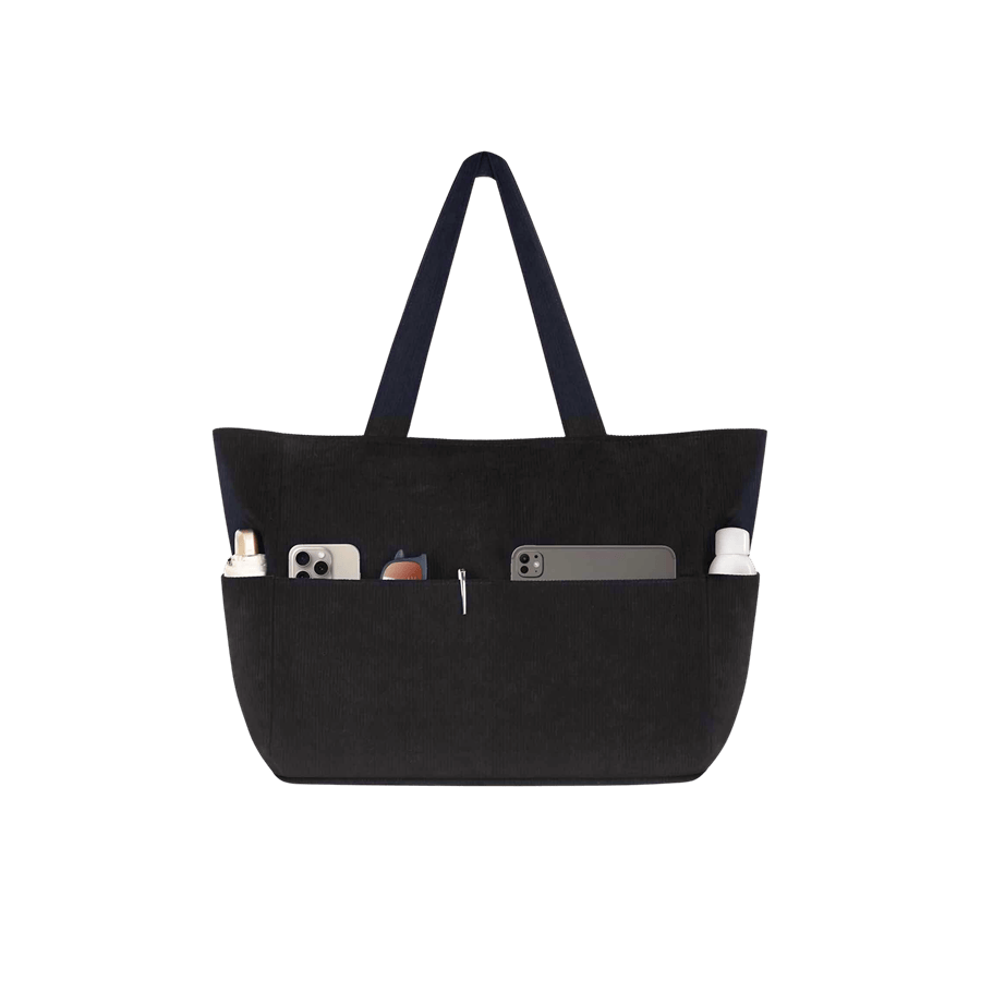 Black corduroy ladies tote bag with front and side open pockets
