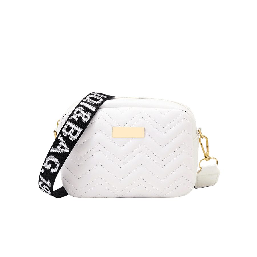 White quilting crossbody bag with webbing shoulder strap and decorative metal plate