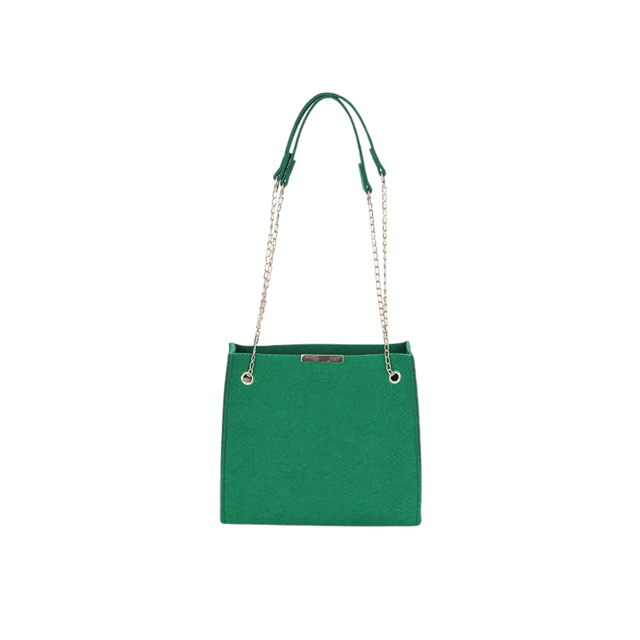 Green ladies tote bag with metal edge on the top