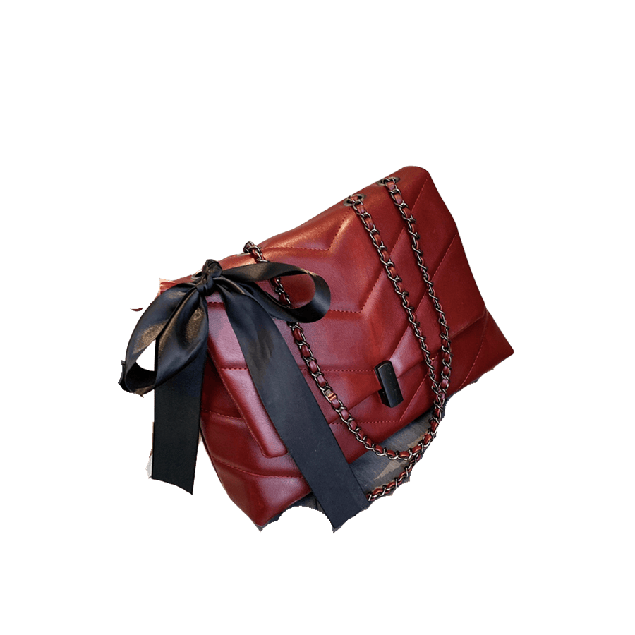 Burgundy quilting ladies handbag with ribbon bowknot and black lock closure