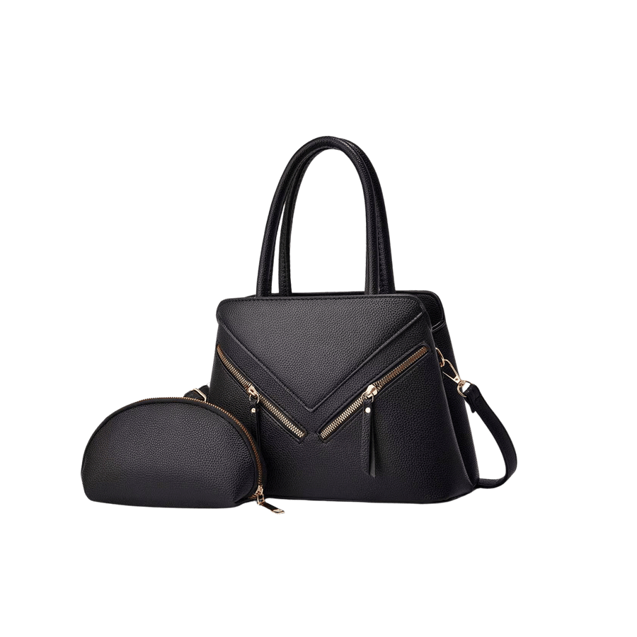 Black ladies handbag sets with metal zipper pockets
