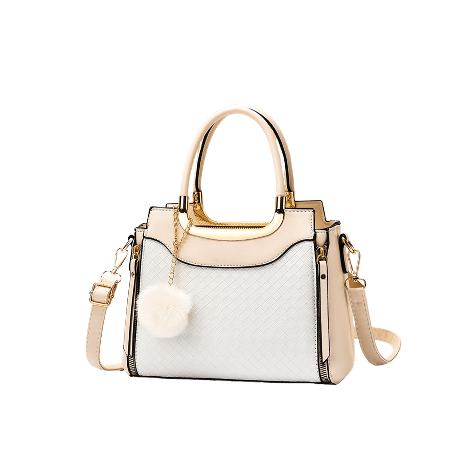 Beige weave PU ladies handbag with pompom and metal edge on the top