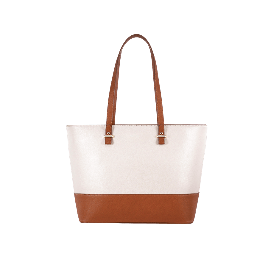 Beige ladies tote bag with orange trim PU and metal bridge
