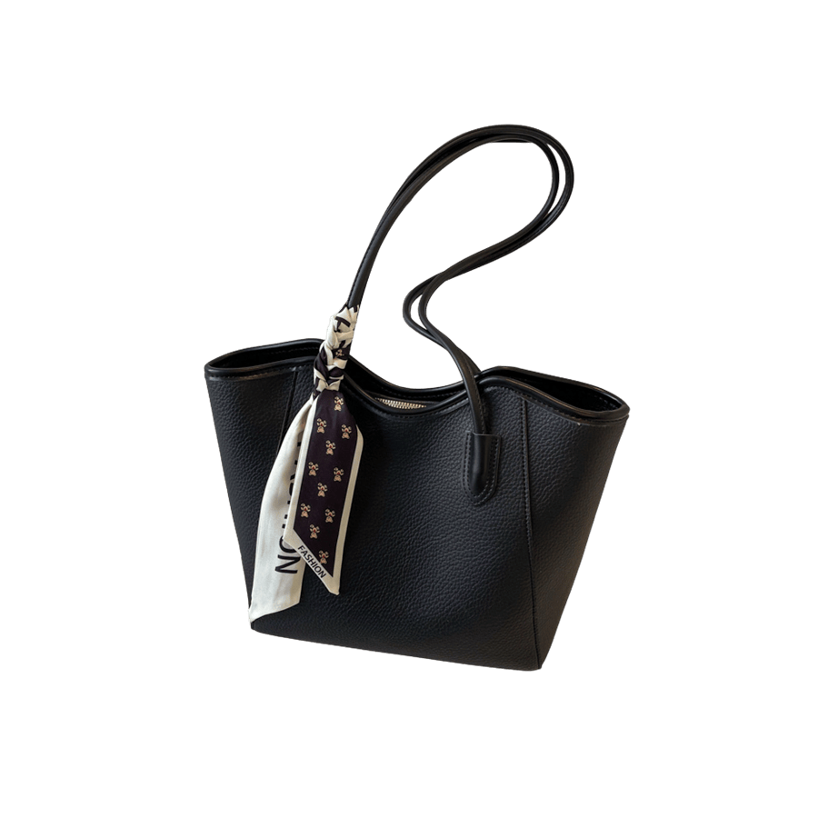 Black ladies handbag with decorative scarf and black trim PU