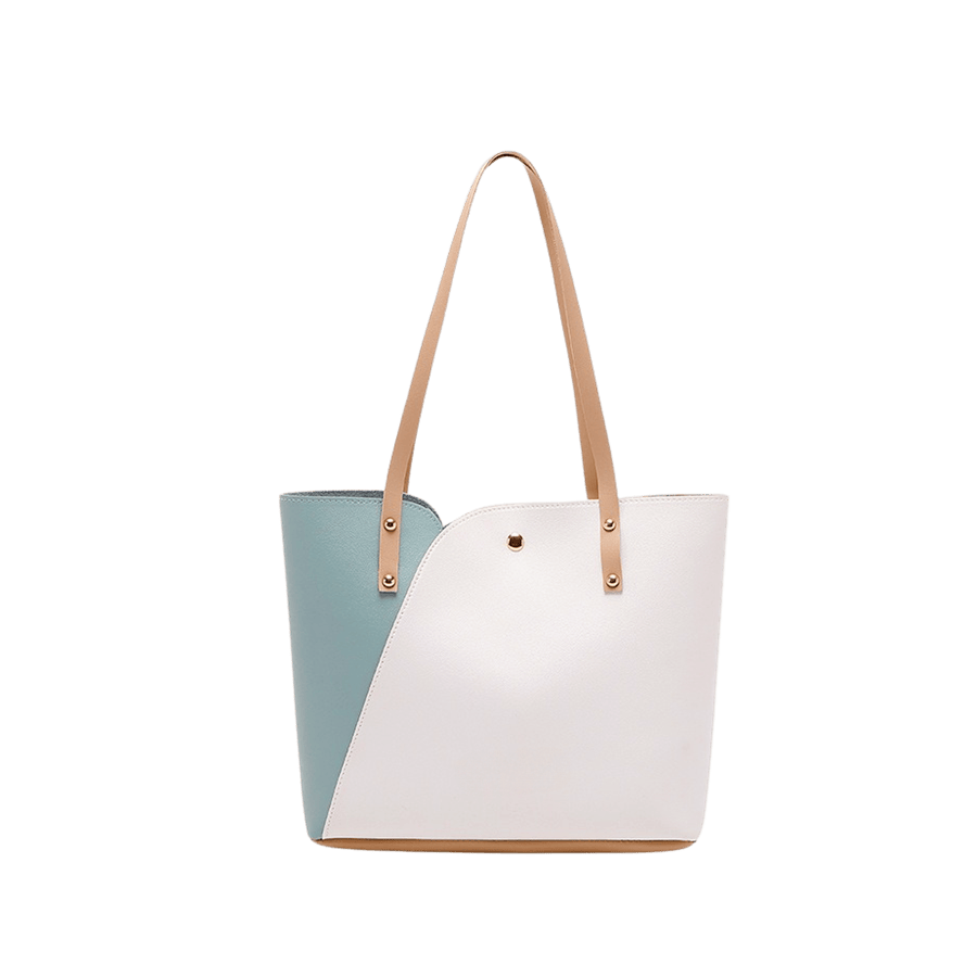 Splicing pu tote bag with trim PU handle and magnetic snap closure