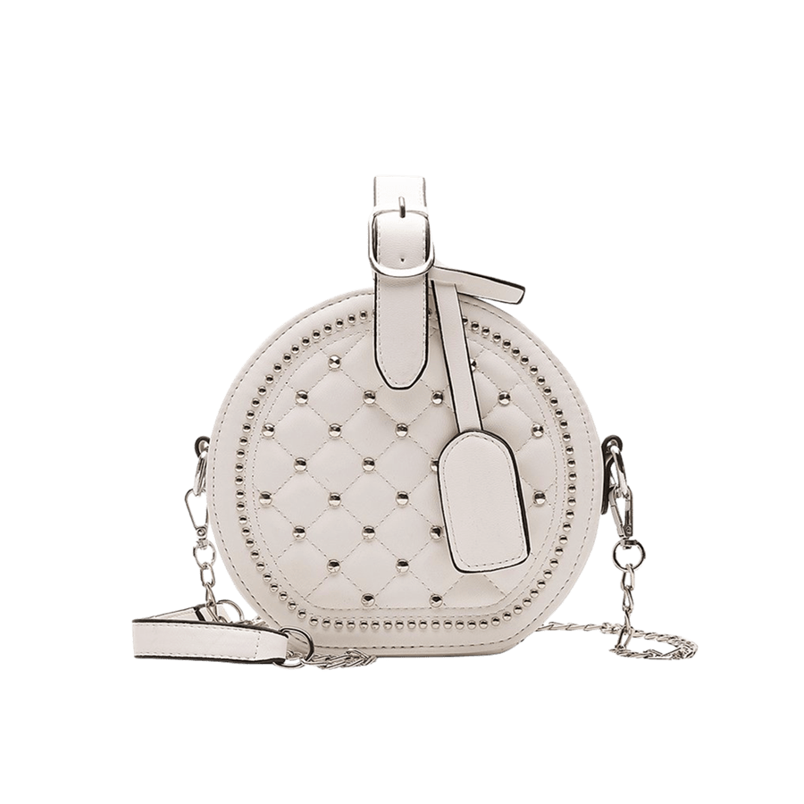 Beige round ladies handbag with decorative studs and PU hangtag