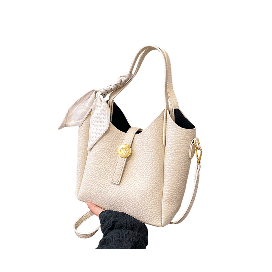 Beige pebble PU ladeis handbag with decorative scarf and strap closure