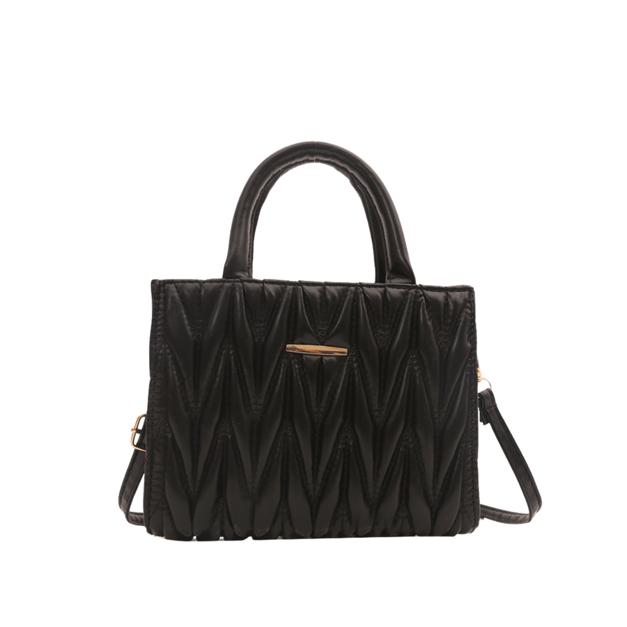 Black pleats ladies tote with metal plate on the front