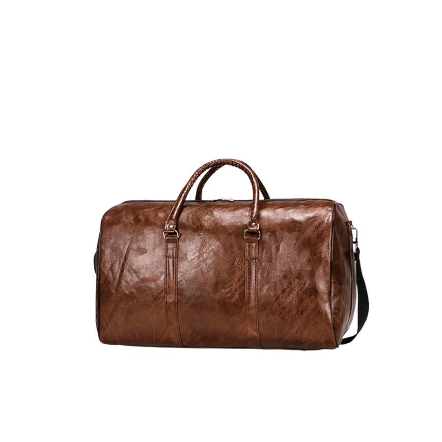 Brown duffel travelling bag with black edge painting and dog clips on the sides
