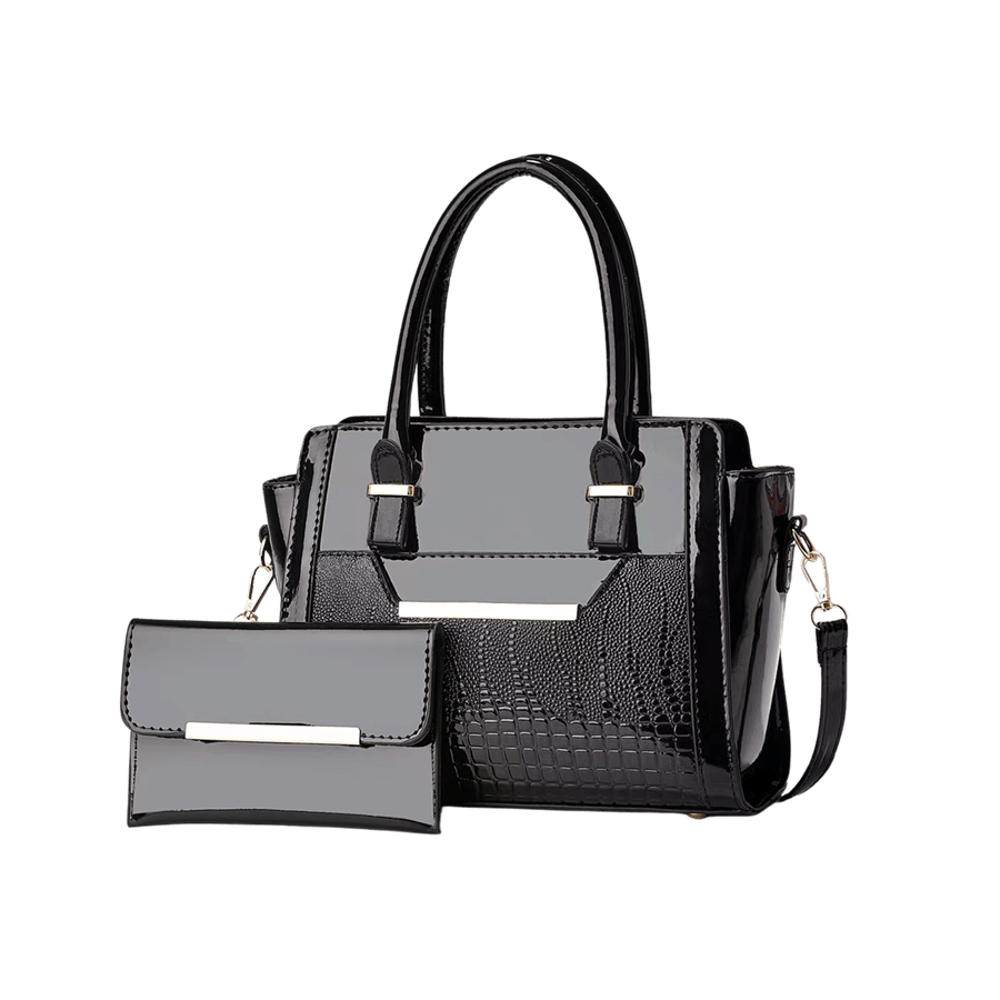 Black patent PU ladies handbag sets with metal edge and trim croco PU