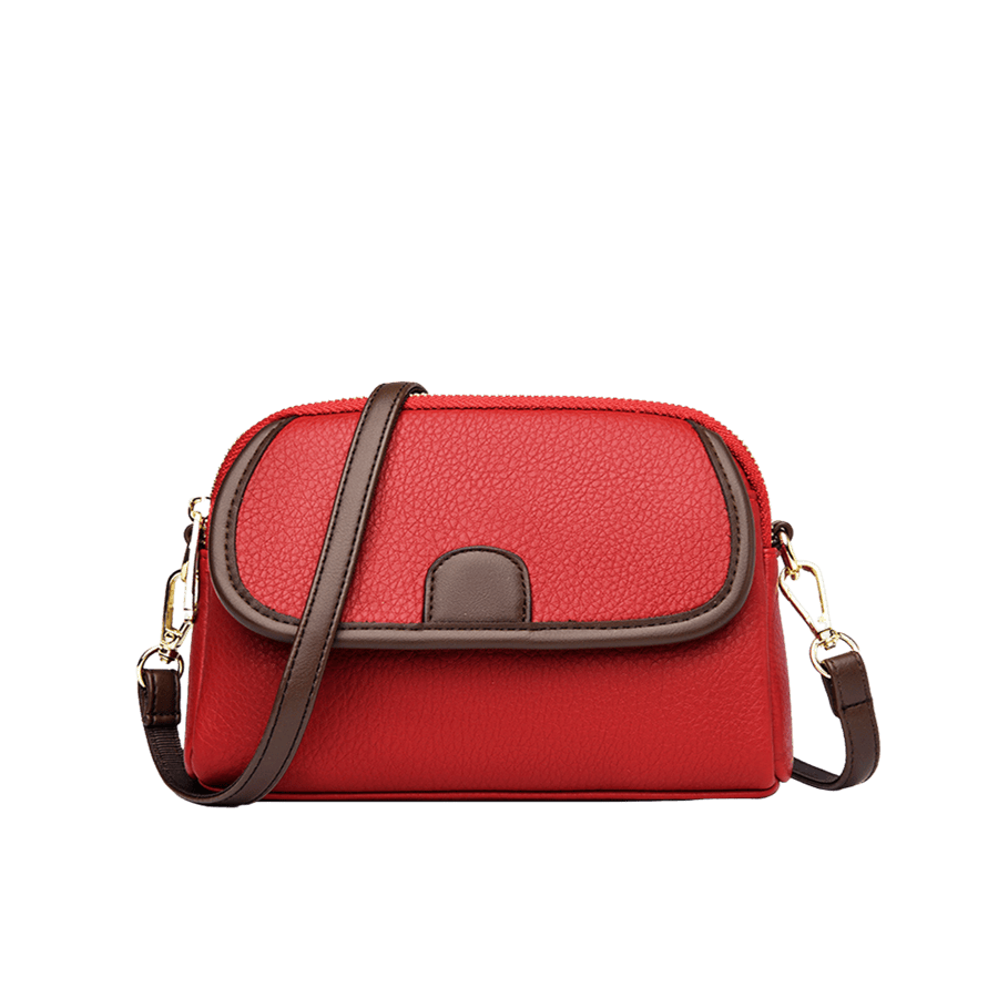 Red ladies crossbody bag with brown trim PU and decorative flap