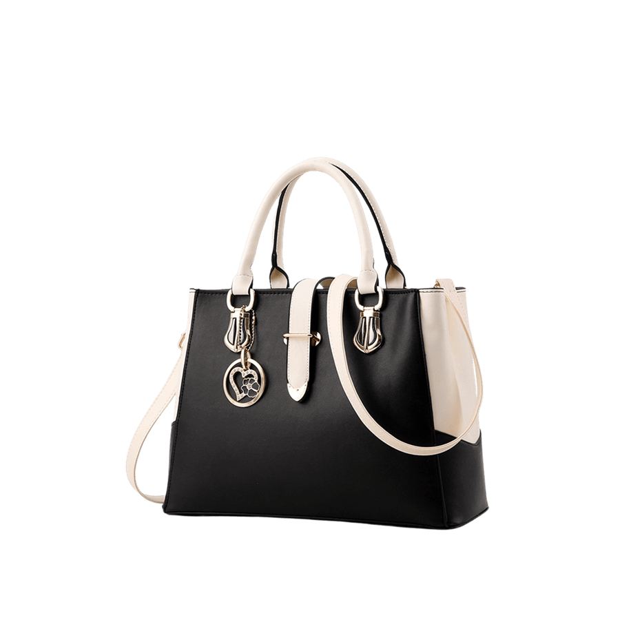 Black ladies handbag with beige trim PU and detachable metal hangtag