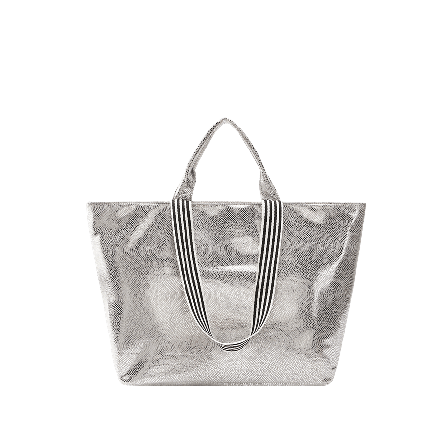 Silver ladies tote with stripe webbing handle