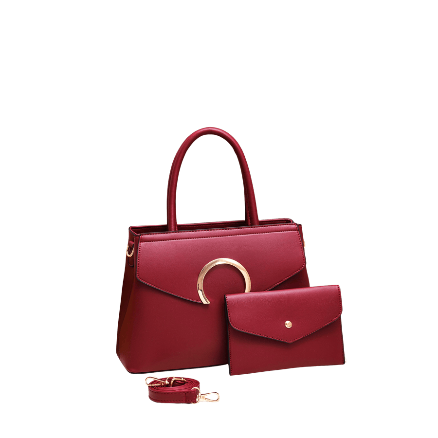 Burgundy ladies handbag sets with round hardware and detachable small bag
