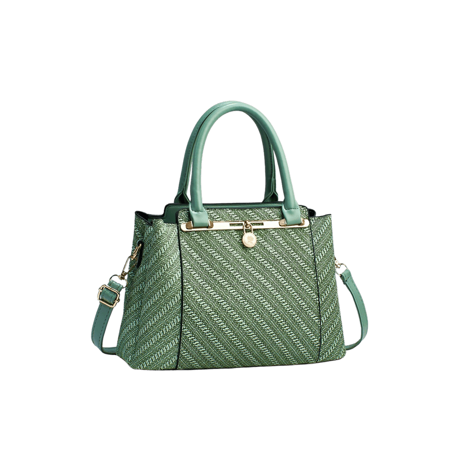 Green ladies jacquard tote with metal bar on the top and green trim PU