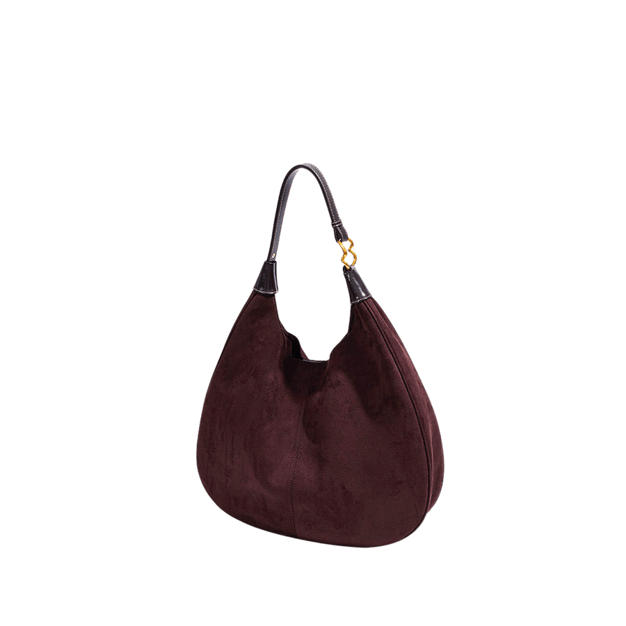 Burgundy faux suede ladies hobo bag with matching tirm PU and decorative hardware on the handle