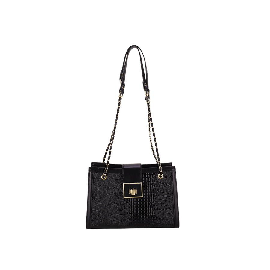 Black croco PU ladies handbag with black enemal lock closure and black patent trim PU
