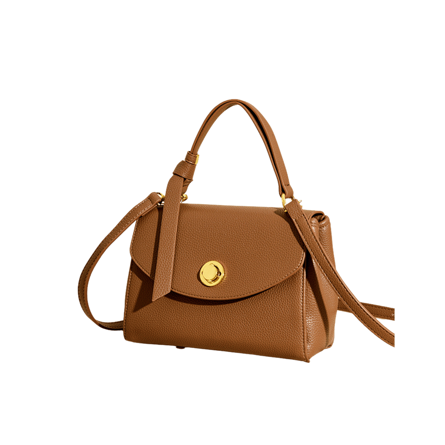Camel ladies handbag with knotted handle and lock closure