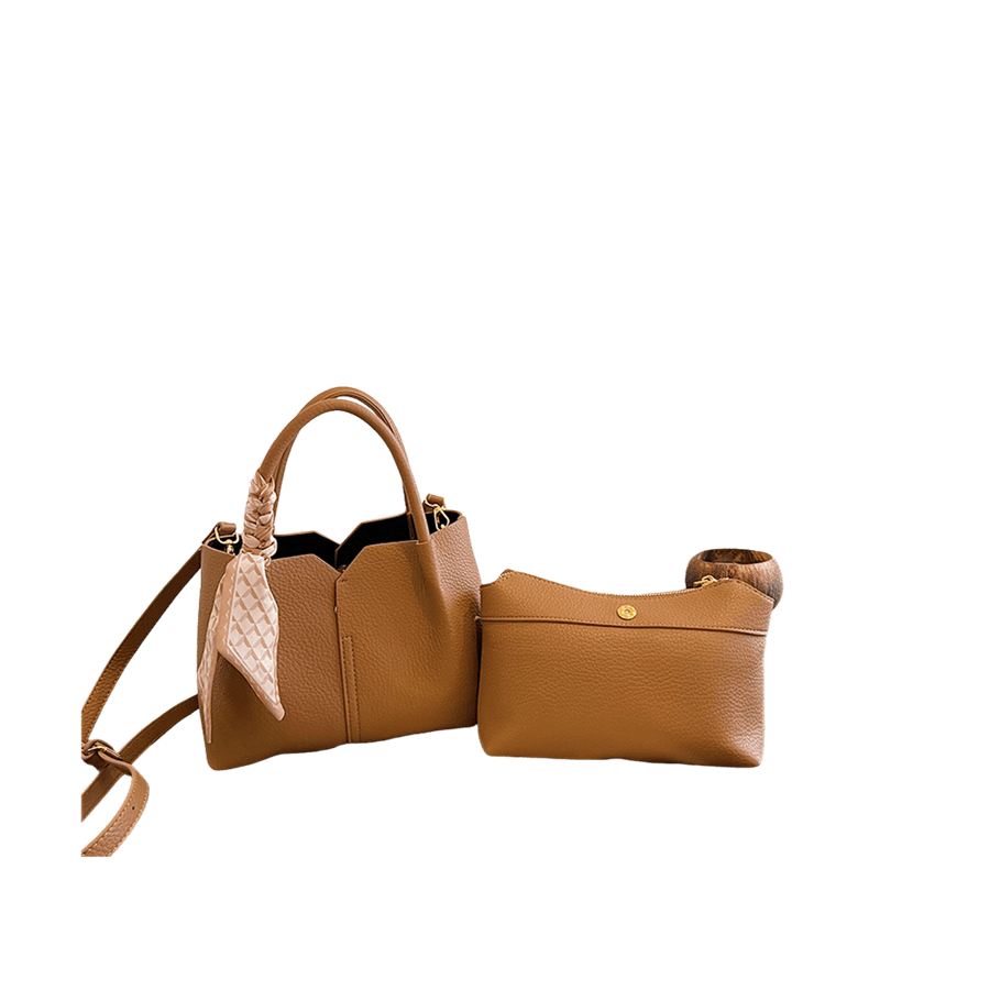 Camel splicing PU ladies handbag sets with scarf and removable pouch bag