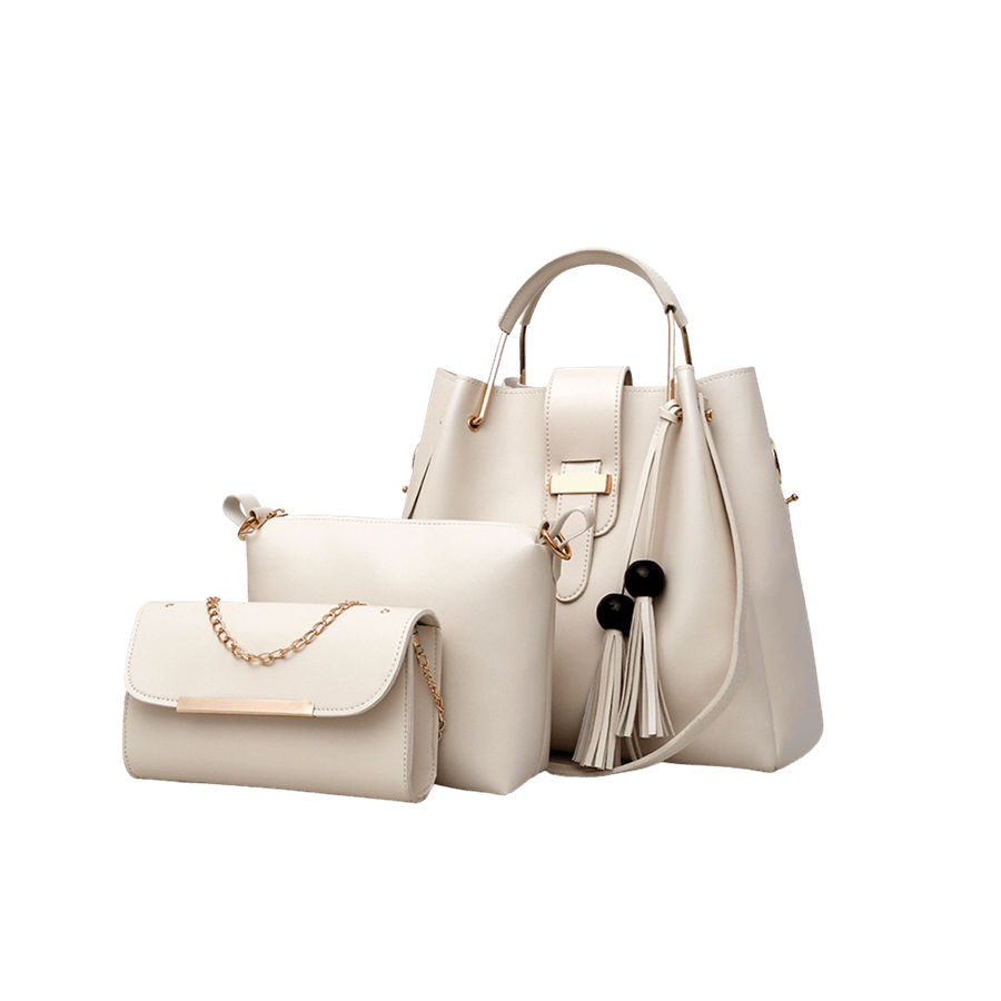 Beige ladies handbag sets with metal handle and PU tassels
