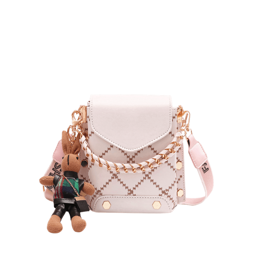 Pink ladies crossbody bag with detachable rabbit toy and decorative studs