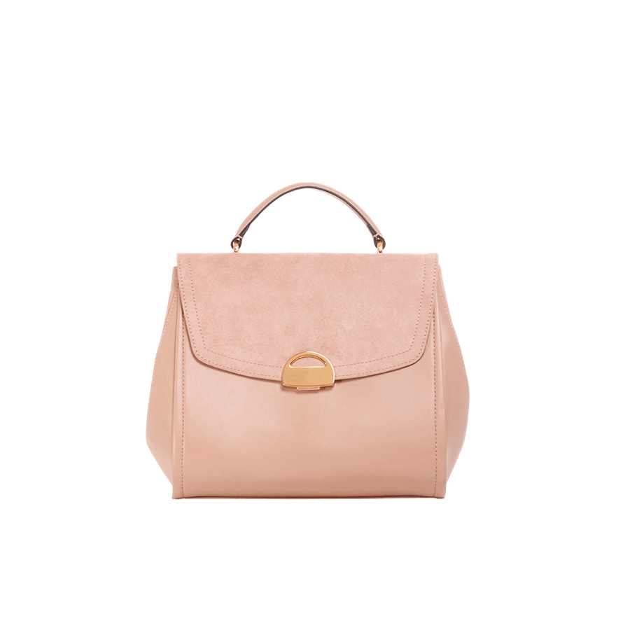 Pink ladies backpack with faux suede on the flap and lock closure