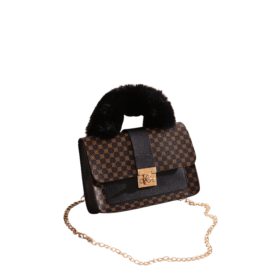 Black ladies handbag with faux fur handle and gold prints