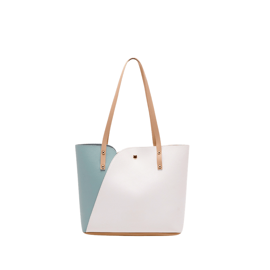 Splicing PU ladies tote with decorative studs on the handle and magnetic snap closure