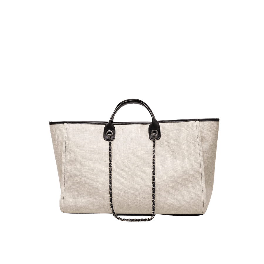 White canvas ladies tote with black trim PU and double handle